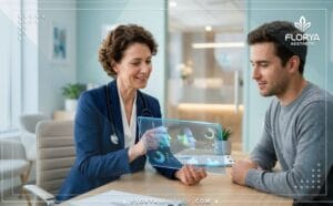 Un docteur présente un plan pour le pays le moins cher pour la rhinoplastie sur une tablette.