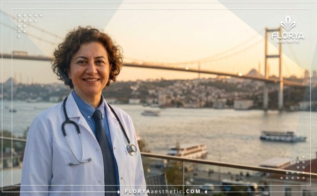 Cirujano estético amigable dando la bienvenida a los pacientes en Estambul durante el atardecer.