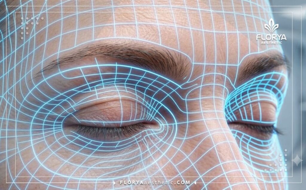 High-tech digital 3D surface scan visualizing the upper facial and eyelid anatomical grid.