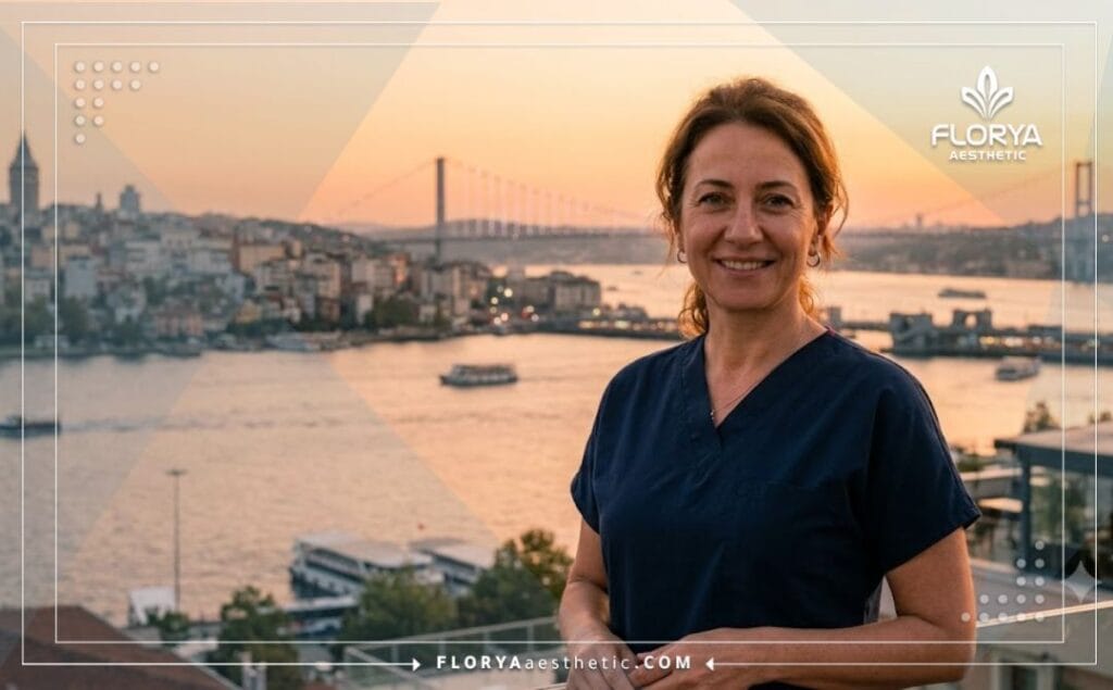 Professional cosmetic surgeon standing with the Istanbul skyline and Bosphorus bridge behind.
