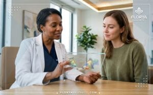 طبيب يشرح خطة جراحة تجميل الأنف المغلقة للمريض باستخدام تقنية رقمية حديثة.