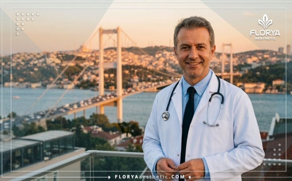 Expert rhinoplasty doctor smiling with the iconic Bosphorus Bridge background in Istanbul