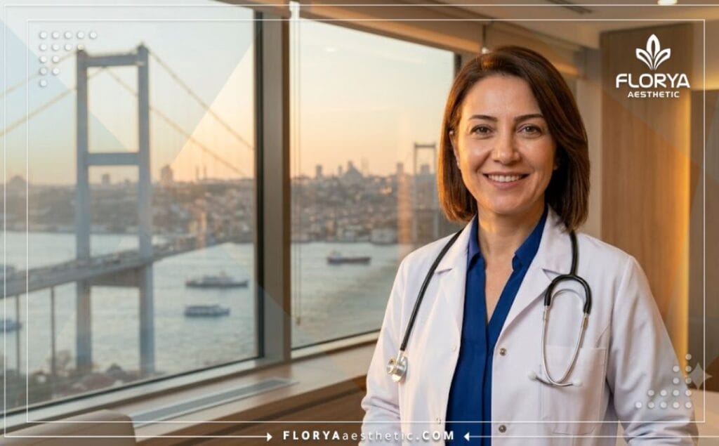 Friendly specialist in Closed Rhinoplasty in Turkey welcoming patients in front of an Istanbul landmark.