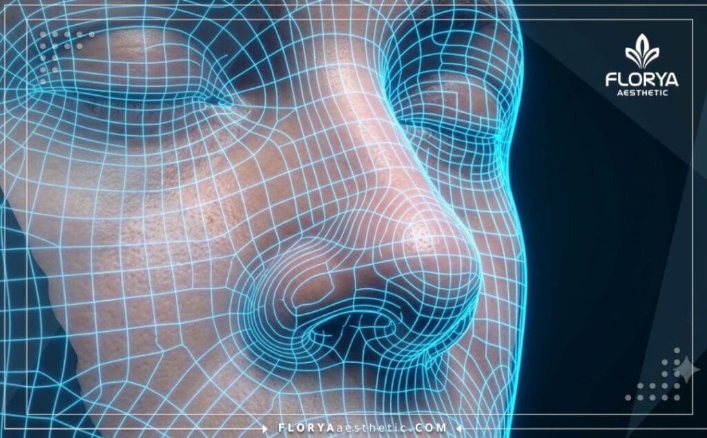 Detailed 3D digital scan highlighting the specific facial area for Closed Rhinoplasty in Turkey.