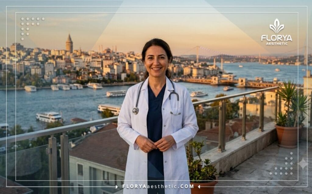 طبيب تجميل متخصص يرحب بالمرضى في عيادة حديثة مع إطلالة على معالم إسطنبول