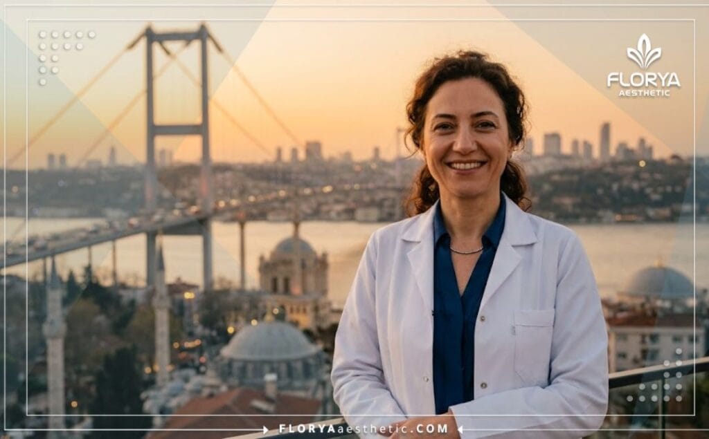 Spécialiste accueillant souriant avec un célèbre monument d'Istanbul en arrière-plan.