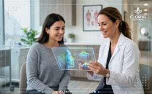Médecin expert expliquant un plan de Rhinoplastie congénitale sur une tablette numérique.