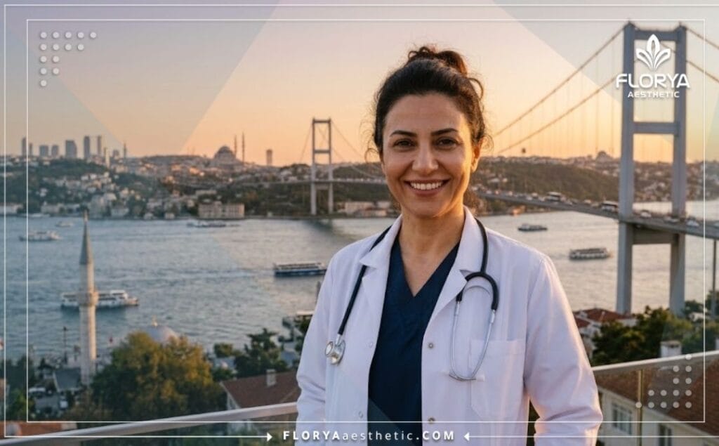 طبيب تجميل أنف يرحب بالمرضى في عيادته المطلة على معالم اسطنبول.