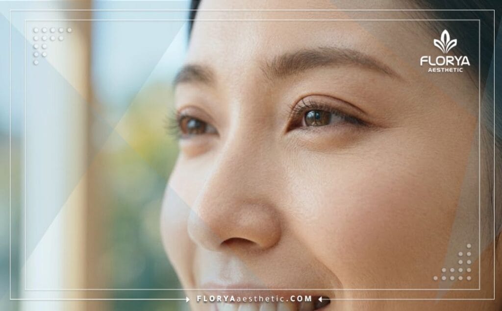 Cinematic close-up showing the flawless result of cosmetic eyelid enhancement
