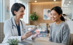 Médecin expert expliquant la Chirurgie des doubles paupières sur tablette