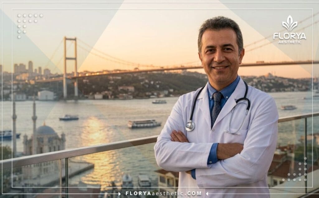 Médico especialista sonriendo cálidamente con la ciudad de Estambul de fondo