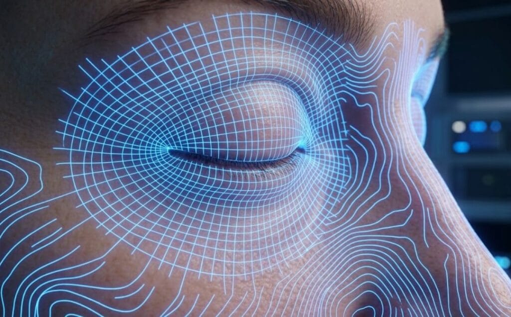 مسح رقمي ثلاثي الأبعاد لمنطقة العين يوضح تفاصيل الجفن بدقة عالية
