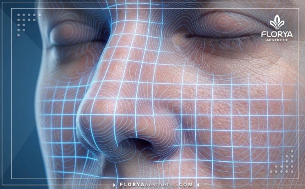 High-tech 3D digital macro scan focusing specifically on the nasal cavity and sinus area.