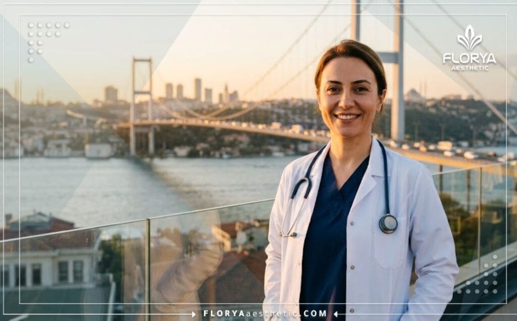 Friendly ENT doctor welcoming patients to Istanbul with the Bosphorus Bridge in the background.