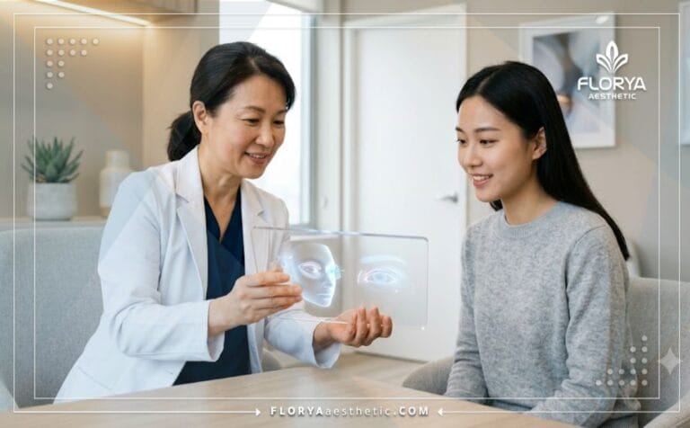 طبيب يشرح خطة جراحة توسيع زاوية العين الداخلية للمريض باستخدام جهاز لوحي رقمي حديث