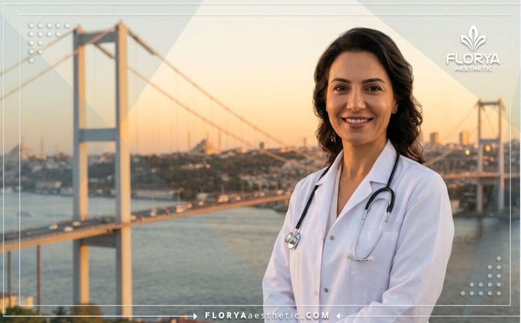 Friendly rhinoplasty expert welcoming international patients in front of an Istanbul landmark.
