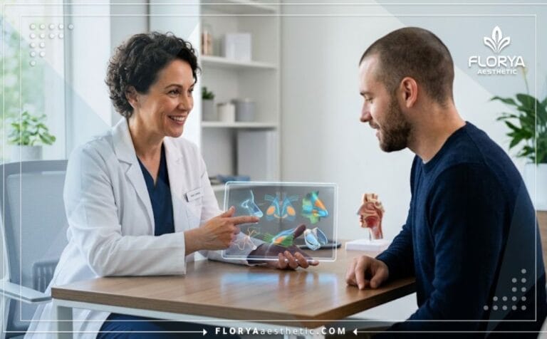 طبيب خبير يشرح خطة تعديل الصمام الأنفي الخارجي جراحياً للمريض باستخدام جهاز لوحي متطور.