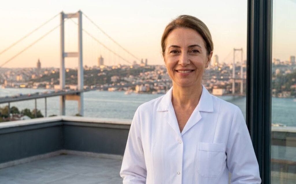Doctor estético amigable dando la bienvenida en Estambul