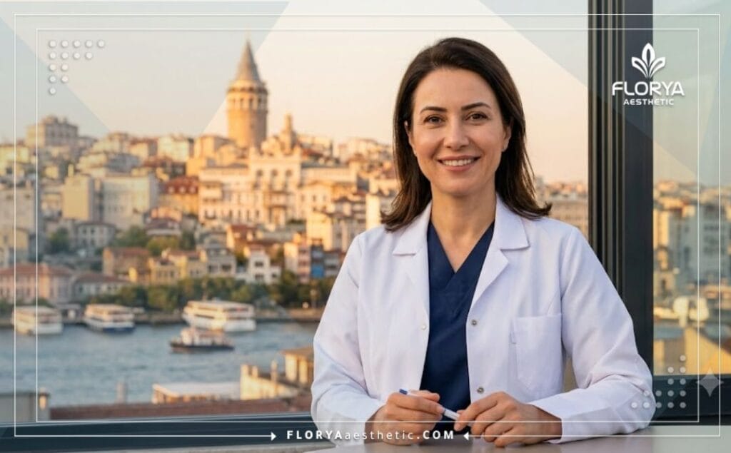 طبيب تجميل ودود يرحب بالمرضى مع خلفية لمعالم إسطنبول الشهيرة