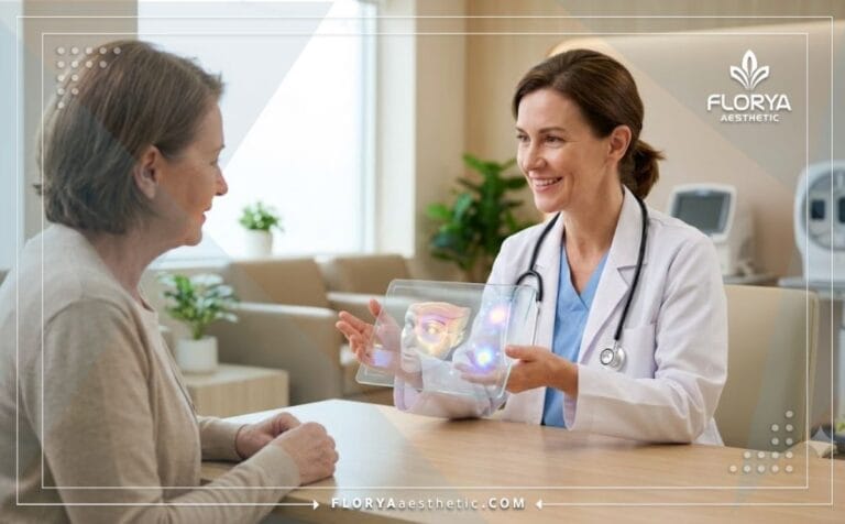 طبيب متخصص يشرح تقنية الليزر الفراكشنال لشد الجفون للمريض باستخدام لوح إلكتروني متطور
