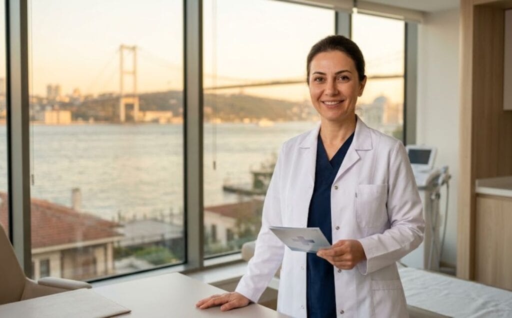 Médico amable con un hermoso fondo de un punto de referencia de Estambul.