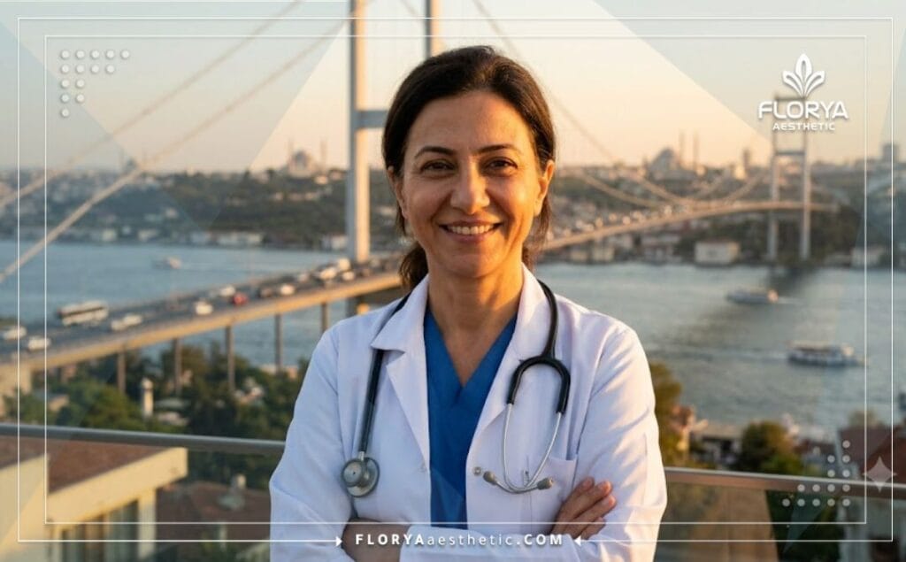 طبيب عيون تجميلي يرحب بالمرضى مع خلفية رائعة لمدينة إسطنبول ومعالمها