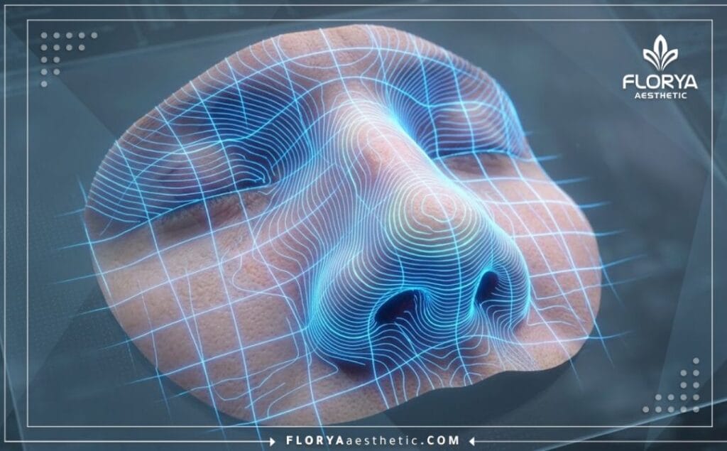 Advanced 3D digital mesh scan focusing on the facial and nasal anatomy for precise planning.