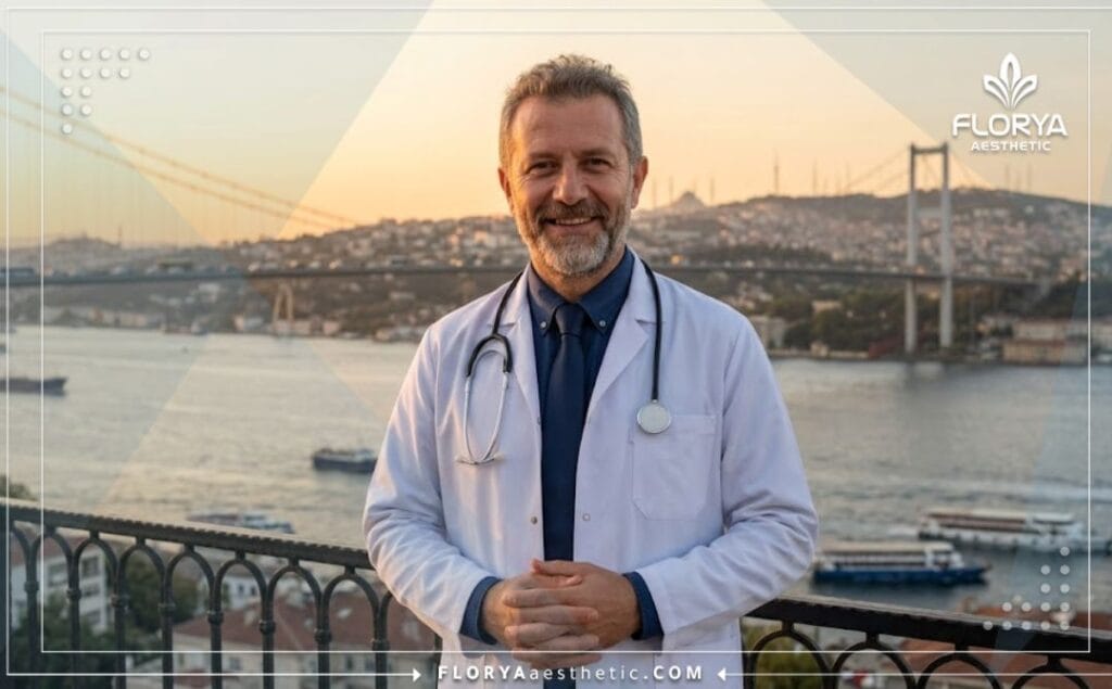 Friendly rhinoplasty surgeon welcoming a patient in Istanbul with the Bosphorus Bridge.