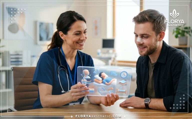 طبيب يشرح طريقة النوم بعد تجميل الأنف للمريض باستخدام جهاز لوحي متطور.