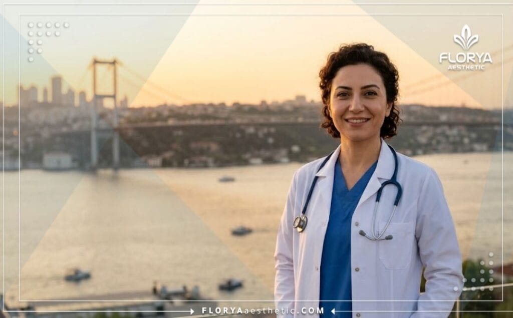 طبيب أنف وأذن وحنجرة يبتسم ويرحب بالمرضى مع خلفية جسر البوسفور في اسطنبول.