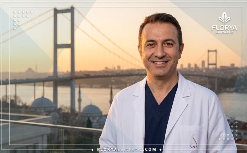 Friendly rhinoplasty surgeon smiling in Istanbul with the Bosphorus Bridge in the background.