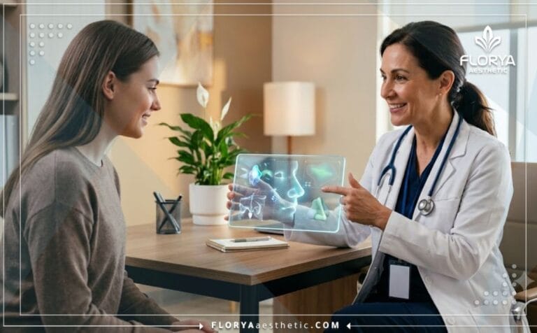 طبيب خبير يشرح للمريض هل عملية تجميل الأنف مؤلمة؟ باستخدام شاشة شفافة حديثة.