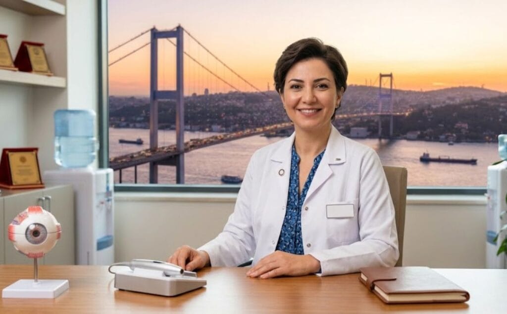Friendly aesthetic specialist smiling with iconic Istanbul background