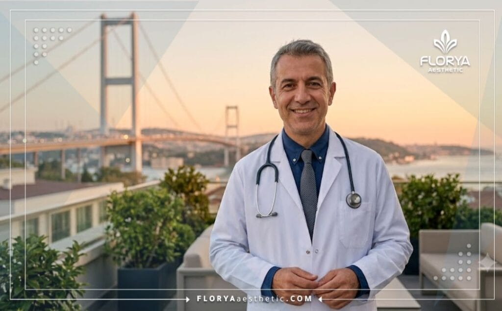 طبيب تجميل يبتسم للترحيب بالمرضى مع خلفية لمعالم إسطنبول الشهيرة