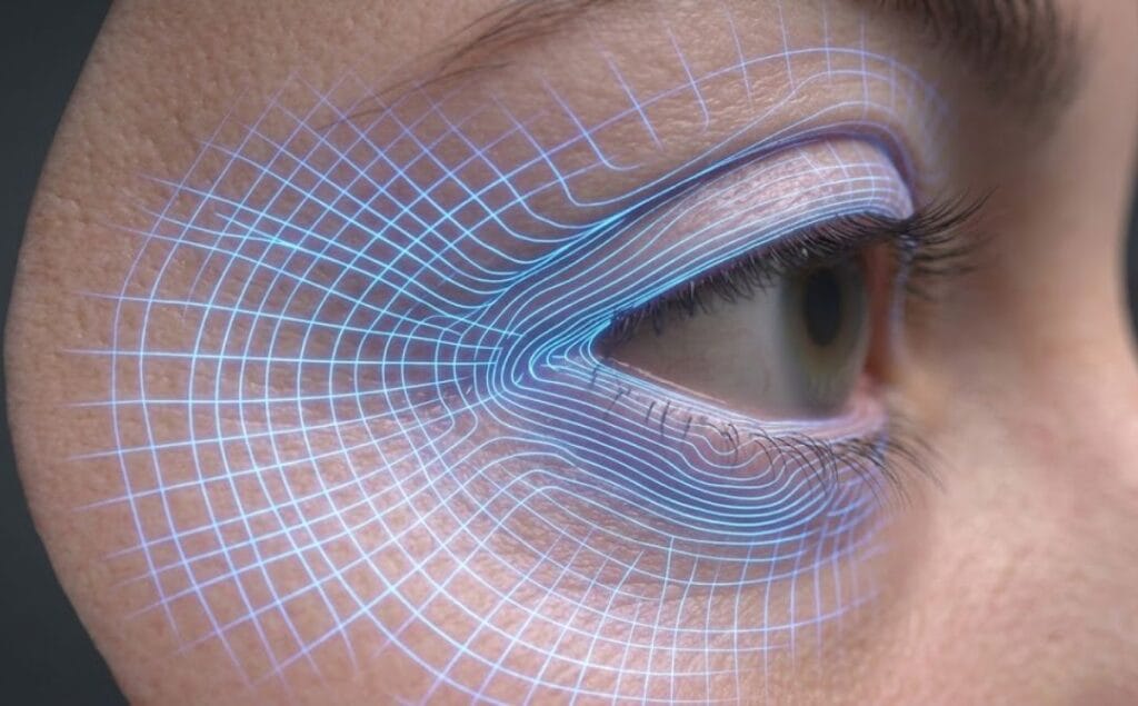 Высокотехнологичное цифровое 3D-сканирование, фокусирующееся на анатомии внешнего уголка глаза.