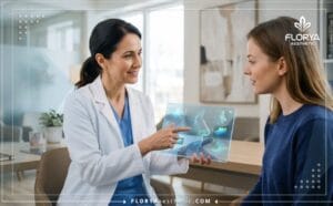 Doctor planning Long Nose Rhinoplasty on a digital tablet with a patient