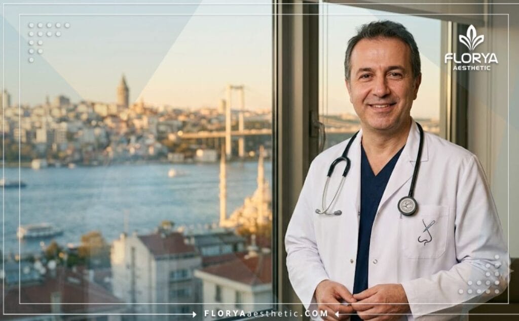 Cirujano experto sonriendo con un famoso monumento de Estambul en el fondo