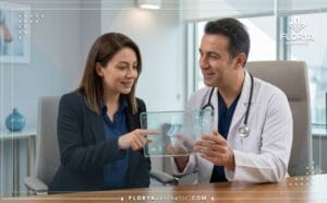 طبيب يشرح خطة علاج تجميل الأنف الطويل في تركيا للمريض باستخدام تقنيات حديثة