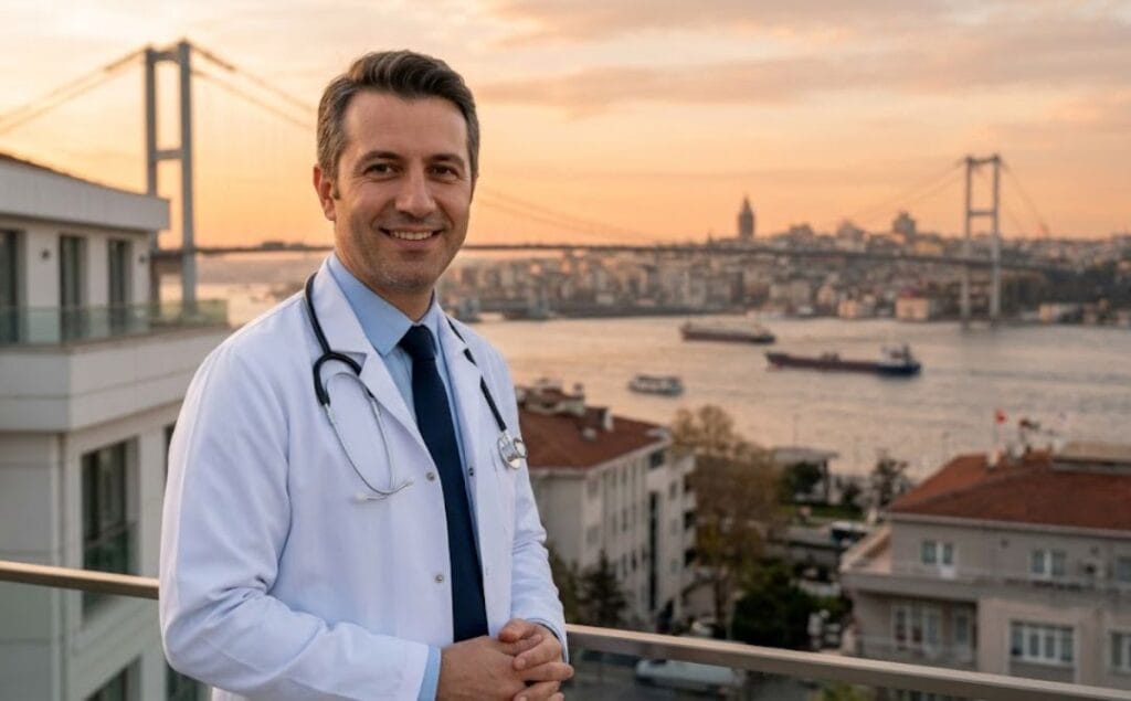 Chirurgien esthétique souriant à Istanbul avec un monument célèbre en arrière-plan.