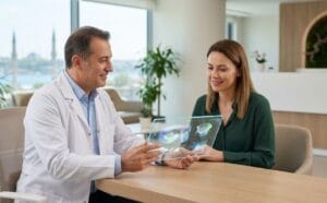 Médecin professionnel expliquant la Blépharoplastie Inférieure et Élimination des Graisses à Istanbul sur une tablette numérique.
