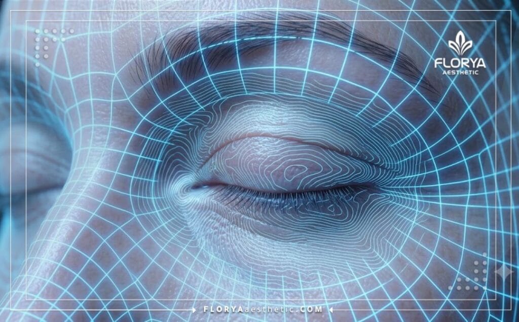 High-tech digital macro 3D scan focusing on the eyelid anatomy.