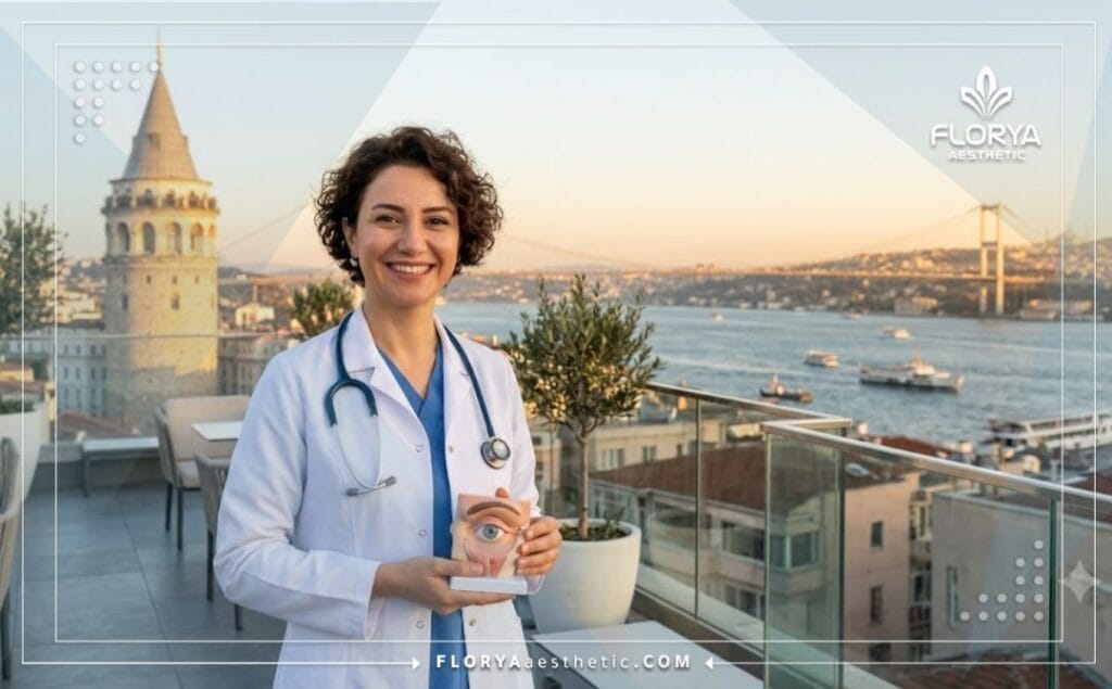 Friendly expert doctor standing with an Istanbul landmark in the background.