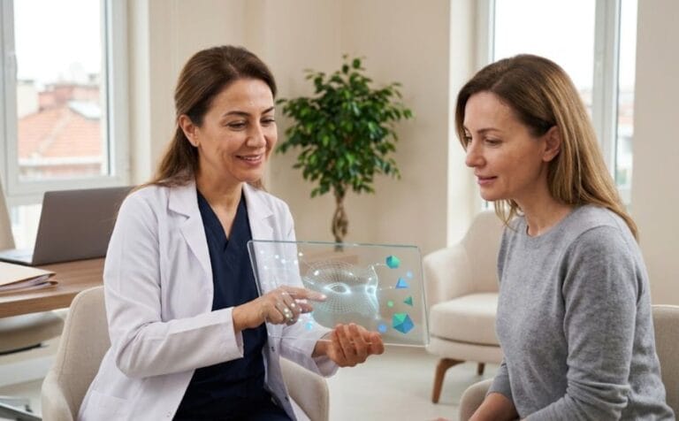 طبيب متخصص يناقش خطة تجربتي مع قص الجفون في اسطنبول عبر شاشة رقمية حديثة
