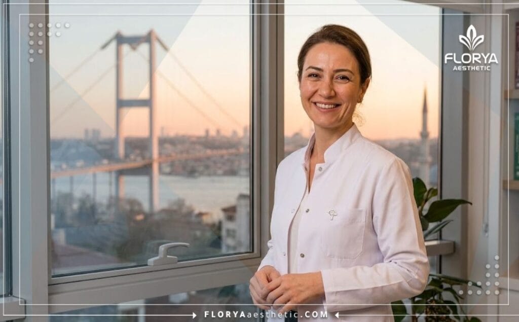Friendly specialized surgeon smiling with an iconic Istanbul landmark in the background