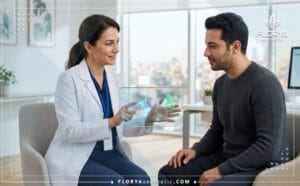 طبيب خبير يشرح خطة تجميل الأنف بتقنية النانو في تركيا لمريضه عبر شاشة متطورة