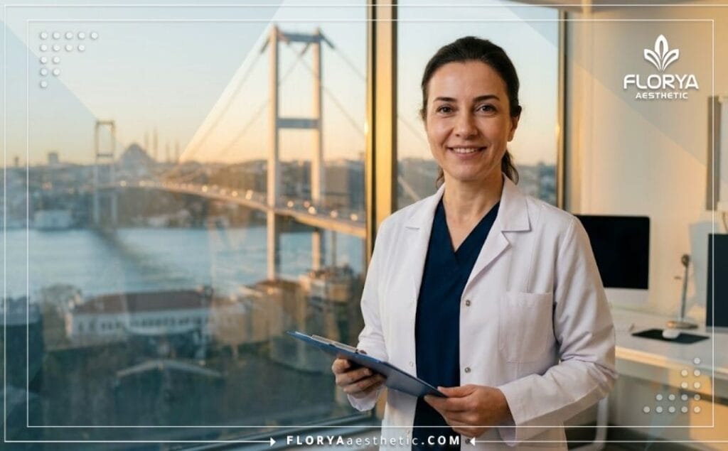 Chirurgien spécialiste souriant avec le magnifique paysage d'Istanbul en arrière-plan