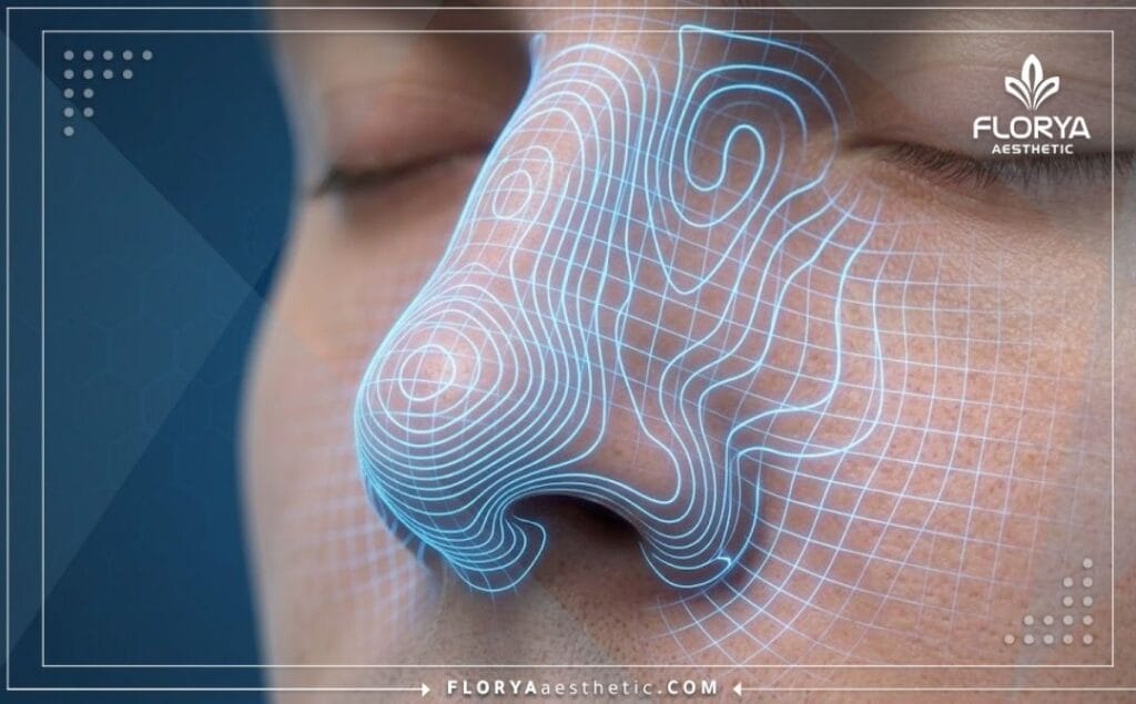 فحص رقمي دقيق وثلاثي الأبعاد للأنف قبل الجراحة التجميلية للرجال.