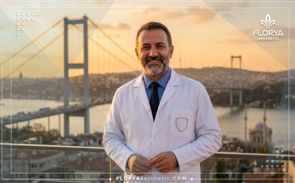 طبيب تجميل أنف متخصص يبتسم في إسطنبول مع خلفية لجسر البوسفور.
