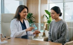 طبيب يشرح خطة علاج تشوهات الأنف الوراثية في تركيا عبر شاشة حديثة.