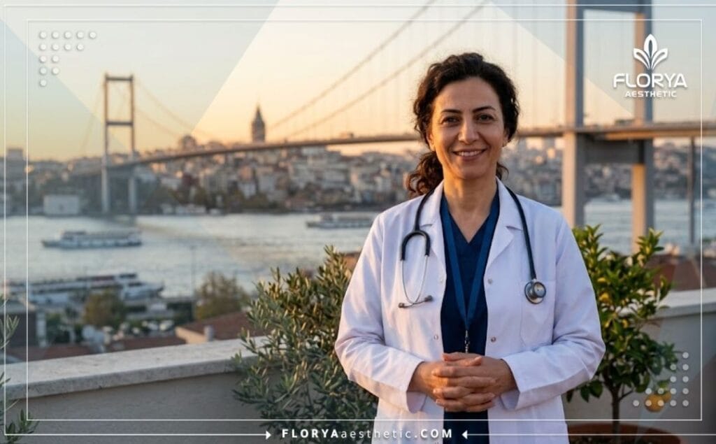 طبيب متخصص في جراحة وتجميل الأنف يبتسم في إسطنبول مع جسر البوسفور في الخلفية